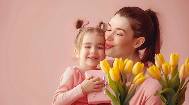 Happy mother and kid hugging each other, Mother's Day gift, Happy Mother's Day,with copy space