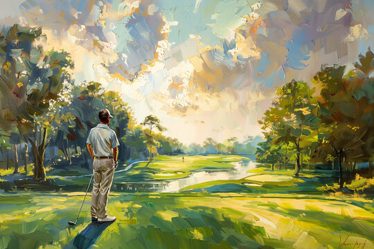 Golfer Contemplating on Course A painting captures a solitary golfer standing on a lush course, gazing into the distance as sunlight filters through the trees, highlighting the tranquil beauty of the 