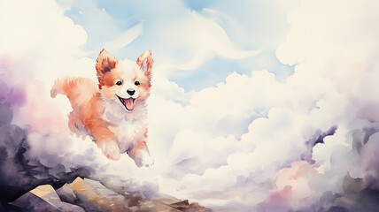 Funny puppy running in the clouds, watercolor background image for kids