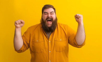 Fototapeta premium Celebrating Success with a Plus-Size Smile on yellow background