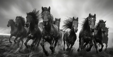 A dramatic black and white image of galloping horses.