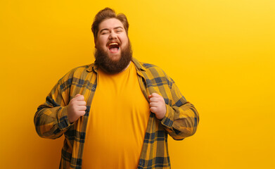 Celebrating Success with a Plus-Size Smile on yellow background