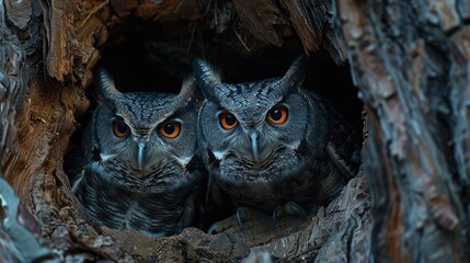 A pair of owls with piercing orange eyes peek out from a tree hollow.