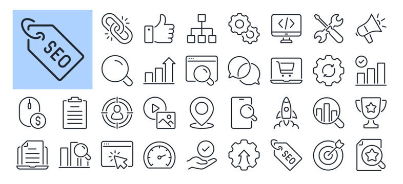 SEO Search Engine Optimization editable stroke outline icons set isolated on white background flat vector illustration. Pixel perfect. 64 x 64.