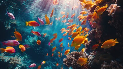 Fototapeta na wymiar A vibrant underwater scene with tropical fish and coral reef bathed in sunlight.