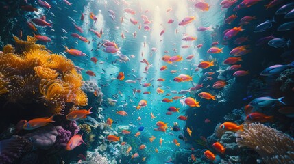 Vibrant coral and tropical fish under the sea with light rays piercing through water.