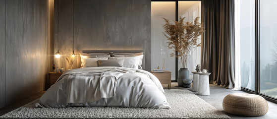 Elegant and minimalist bedroom interiors with a focus on high-quality textiles plush bedding