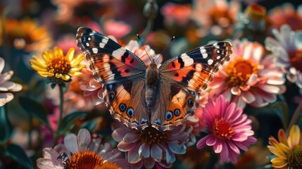 A detailed butterfly rests on vivid flowers, highlighting nature's beauty and color richness.