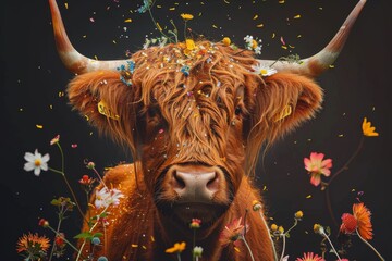 scottish highland cow beautiful animal trendy with flowers and a black background