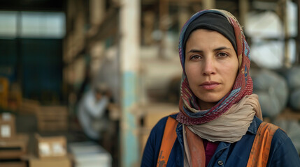 Fototapeta premium A female factory worker stands outside an industrial warehouse
