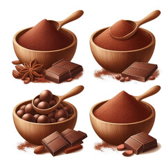 set of Cocoa powder in wooden bowl with a spoon vector on white background
