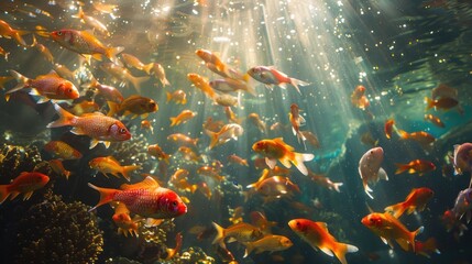 A tranquil underwater scene with a vibrant school of fish swimming among coral reefs, bathed in sunlight.