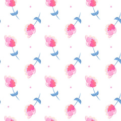 Colorful seamless pattern with pink hydrangea in flat style. Pattern with flowers and dots
