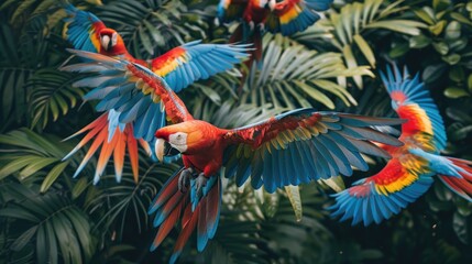 A captivating scene of colorful macaws flying amidst lush greenery.