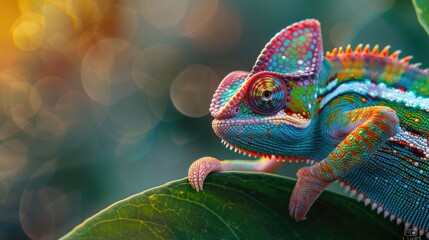 A colorful chameleon resting on a green leaf with a soft bokeh background.