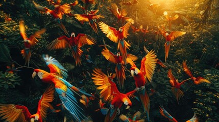 A dynamic scene of colorful parrots in mid-flight amidst the lush greenery of a sunlit tropical forest.