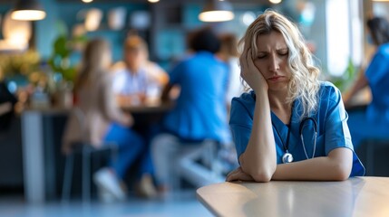 Tired Nurse Resting in Busy Hospital Cafeteria