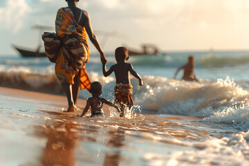 african family at the beach  - obrazy, fototapety, plakaty