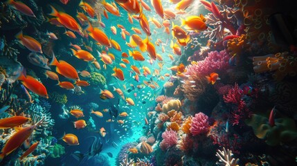 A dazzling underwater landscape with colorful fish and coral.
