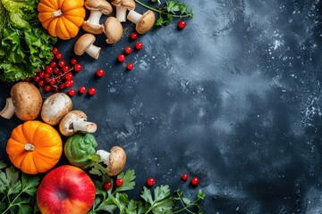 Autumn vegan ingredients on dark blue background. - obrazy, fototapety, plakaty