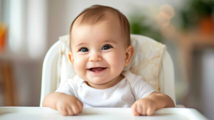 Fototapeta na wymiar Happy Baby Smiling in High Chair