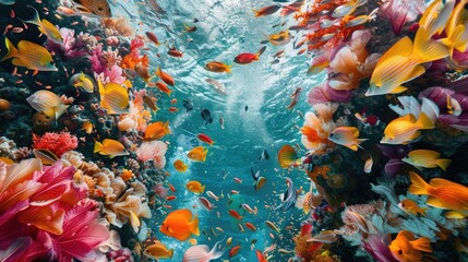 Divers swim amongst colorful fish and corals, showcasing the lively marine biodiversity.