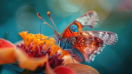 A colorful butterfly perched on vibrant flowers with a soft-focus background.