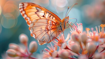 A striking butterfly perched on pink flowers, with a soft, bokeh background.