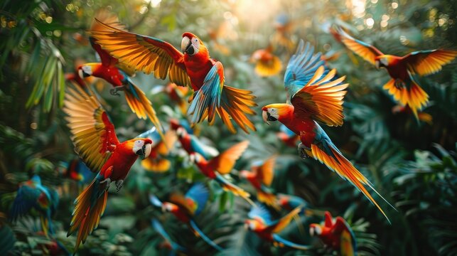 A dynamic group of colorful parrots take flight amidst lush greenery.