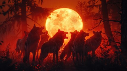 A pack of wolves howling at a giant full moon in a red-tinted forest creates an eerie atmosphere.