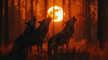 Three wolves howl in a forest under an orange sunset sky.