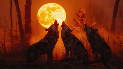 Three wolves howl at a full moon in a fiery, nocturnal setting.