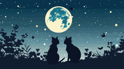 Two cats in the moonlight Flat vector isolated on white