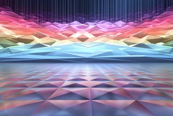 Fotobehang dynamic vivid colors 3d mock up stage, showcasing Triangle shape and line with wavy and gradient colors that create a digital art piece blending minimalism and abstract backdrop. © Surachetsh