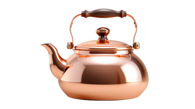 Shimmering Copper Tea Kettle With Rustic Wooden Handle. On a White or Clear Surface PNG Transparent Background.