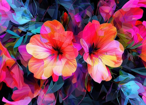 Abstract colorful hibiscus flowers on black - A striking array of vibrant hibiscus flowers featuring a variety of colors on a dramatic black background with a modern abstract design