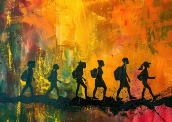 Abstract painting with silhouette of walking people - Expressive abstract painting featuring silhouettes of people walking against a vibrant backdrop