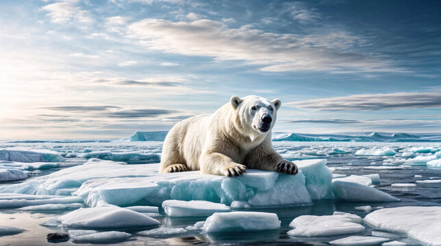 A Painting of a Solitary Sentinel: A Polar Bear Stands Watch on a Fragile Ice Floe, a Silent Guardian of the Arctic.