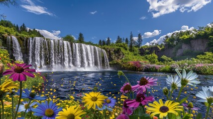 Breathtaking waterfall surrounded by flowers - A serene waterfall cascades into a tranquil pond amidst a vibrant display of colorful wildflowers under a clear blue sky - obrazy, fototapety, plakaty