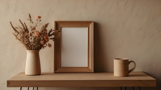 An empty wooden picture frame mockup hangs on a beige wall background. A boho-shaped vase with dry flowers sits on the table, along with a cup of coffee. This is a working space or home office setup. 