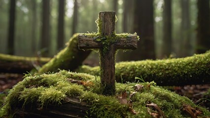 Step into the hushed reverence of the cotton cross, adorned with moss, a symbol of harmony amidst the timeless rhythms of the green forest.