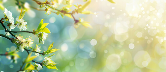 Obraz premium A twig with white flowers and green leaves standing tall against a clear, blue sky on a sunny day, creating a beautiful natural landscape