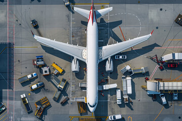 An aircraft is parked on the airport tarmac. The airplane, made of composite materials, is ready for air travel. It sits at the transport hub, awaiting its next flight