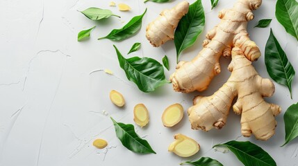 Close-up photo of ginger root It is characterized by a bulbous head and fibrous sheaths protruding from the side corners. Ginger placed on a white background Focus on natural textures - obrazy, fototapety, plakaty