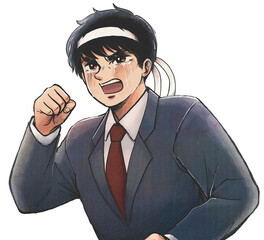 鉢巻を巻いて泣きながら応援するスーツの男性・レトロ漫画風