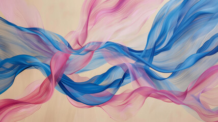 Ethereal pink and blue fabric waves intertwine against a neutral backdrop.