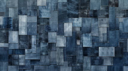 Blue abstract geometric shapes form a textured, artistic, modern wall design.