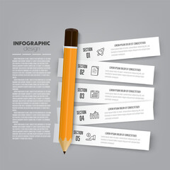 Vector infographic design pencil placed on label elements including charts, icons, and business concept charts with 5 options.