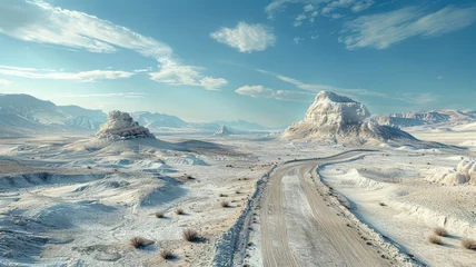 Deurstickers Desert landscape with winding dirt road - Breathtaking desert landscape featuring a winding dirt road amidst towering rock formations under a vast blue sky with fluffy clouds © Tida