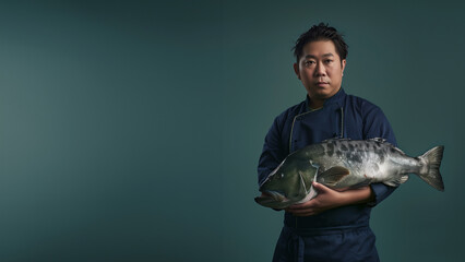 A serious-looking Asian chef presents a large fish, embodying attentiveness and proficiency in the culinary field